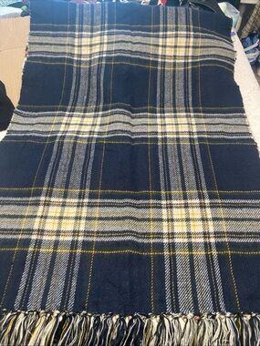 Steve Madden Navy Plaid Blanket Wrap Scarf with Orange and White Accents NEW